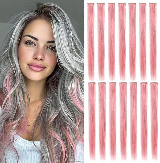 14 PCS Princess Party Highlights Clip in Smoky Pink Hair Extensions Christmas Costumes Wig for Woman(Light Pink)