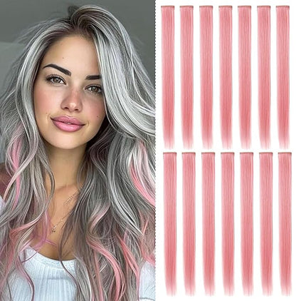 14 PCS Princess Party Highlights Clip in Smoky Pink Hair Extensions Christmas Costumes Wig for Woman(Light Pink)