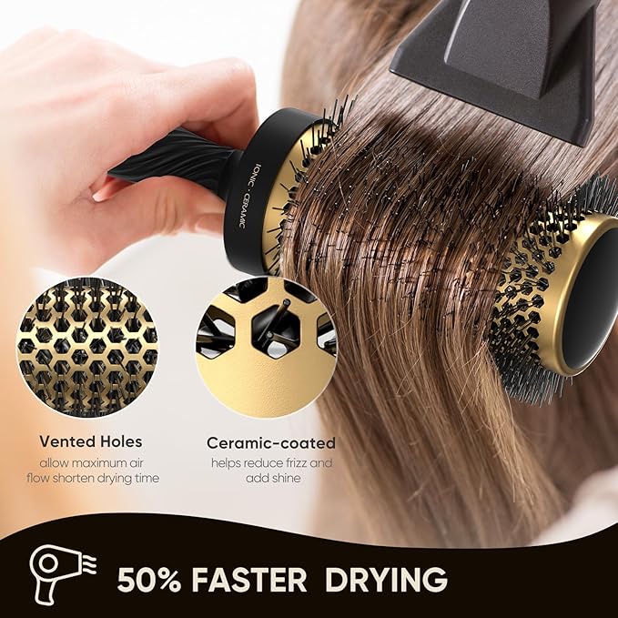 2 in 1 Ceramic Round Brush for Blow Drying,Ceramic Barrel for Hair Styling, Anti-static Bristles, Enhance Texture Volume, for Women & Men,with 4 Hair Clips (2.1 Inch&1.3 Inch)