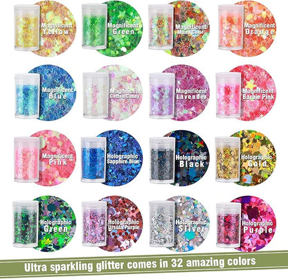 Teenitor Glitter, Chunky Glitter Mixed, Nail Glitter with Stars, Cosmetic Face Body Eye Hair Glitter, 32pcs