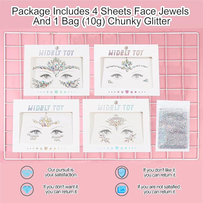 4 Sheets Euphoria Face Gems, 10g Chunky Glitter, Rhinestones Jewels Stickers Glow in The Dark-Luminous Gems Body Makeup for Music Festivals Rave Carnival Cosplay (2Luminous)