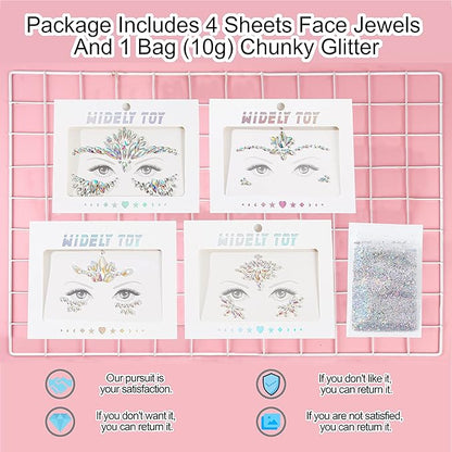 4 Sheets Euphoria Face Gems, 10g Chunky Glitter, Rhinestones Jewels Stickers Glow in The Dark-Luminous Gems Body Makeup for Music Festivals Rave Carnival Cosplay (2Luminous)