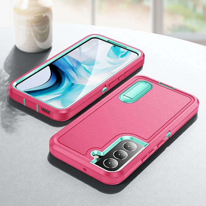 for Samsung Galaxy S22 Plus Case Galaxy S22+ Case with Kickstand Case 3-Layer Military Grade Protective Case Cover Silicone Rugged Shockproof for Galaxy S22 Plus S22+ Phone Case Rose Red+Cyan