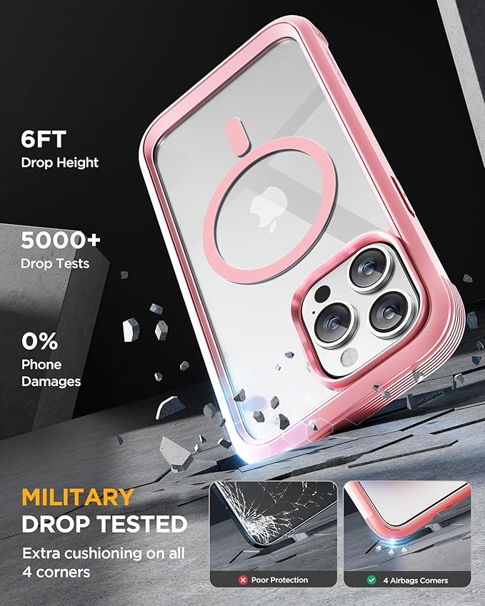 Miracase Magnetic for iPhone 15 Pro Max Case 6.7'' [Compatible with Magsafe] Full-Body Military Drop Proof for iPhone 15 ProMax Case with Built-in 9H Tempered Glass Screen Protector,Pink
