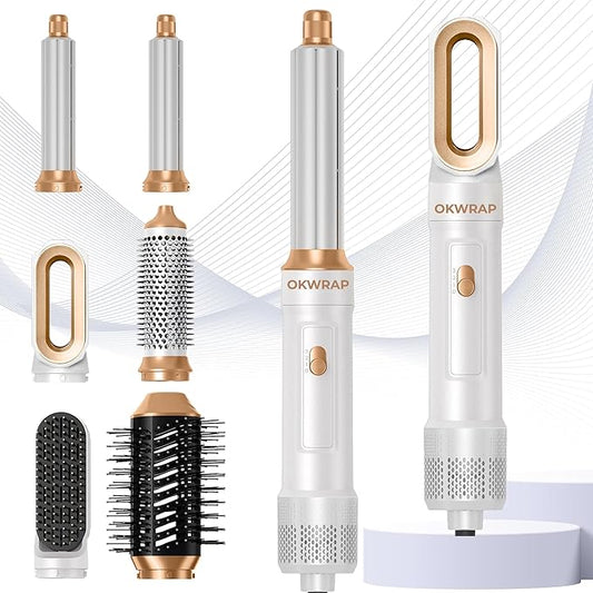 6 in ONE Blow Dryer Brush,Air Curling Iron Round Brush for Blow Out 1000W,Ionic Hair Dryer Brush for Women, Blowout Brush Air Styler Curler (Golden White)