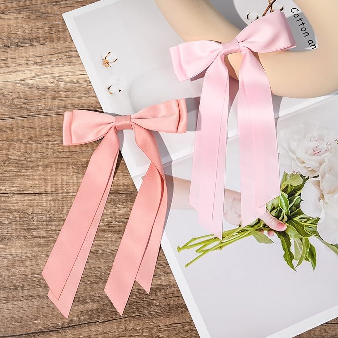 2PCS Silky Satin Hair Bows Hair Clip Pink Hair Ribbon Ponytail Holder Accessories Slides Metal Clips Hair Bow for Women Girls Toddlers Teens Kids