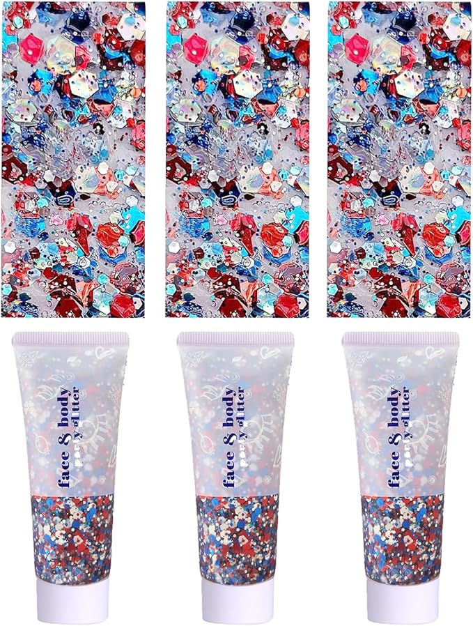 Red White and Blue Face Body Glitter, 4th of July Outfits for Women Girls USA Flag Pride Hair Body Face Glitter Gel Sequins, Fourth of July Accessories for Independence Day Celebrations (3pc USA)