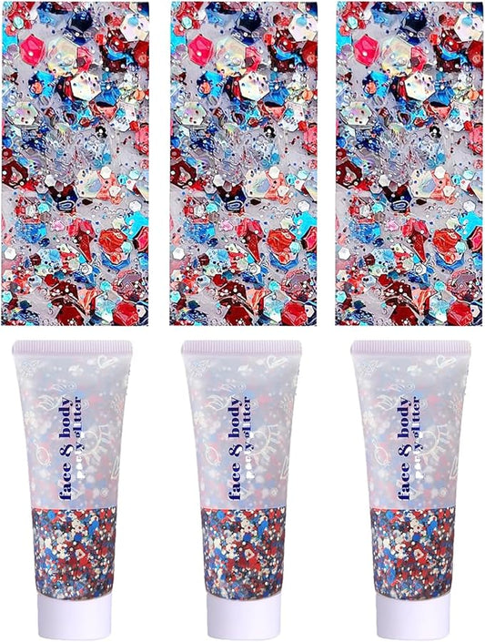 Red White and Blue Face Body Glitter, 4th of July Outfits for Women Girls USA Flag Pride Hair Body Face Glitter Gel Sequins, Fourth of July Accessories for Independence Day Celebrations (3pc USA)