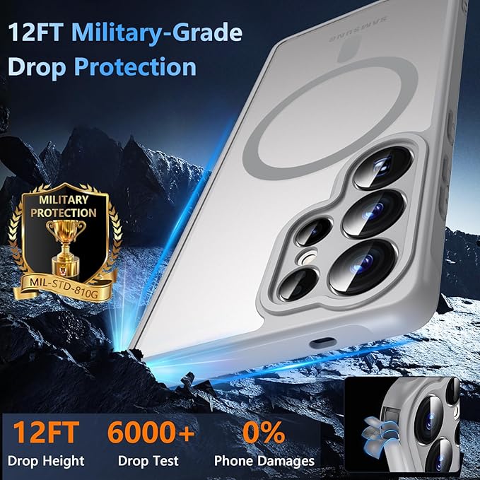 OWKEY Samsung Galaxy S25 Ultra Case 6.86'', Magnetic S25 Ultra Case for Magsafe with Tempered Glass Screen, [Shockproof Military] Translucent Back Slim Bumper Cover Phone Case Galaxy S25 Ultra, Gray