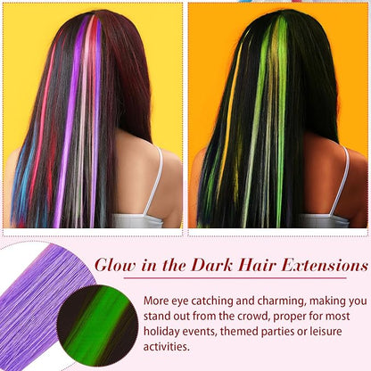 20 Pcs Glow in the Dark Colored Hair Extensions Clip 20 Inch Rainbow Party Hairpiece for Women, 10 Color(Dark Purple, Blue, Pink, Watermelon Red, Light Purple)