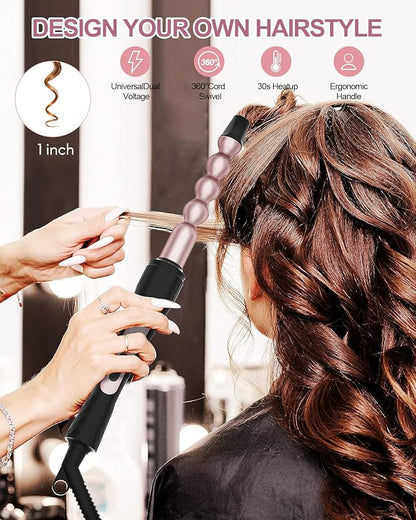 6 in 1 Curling Iron, Curling Wand Set with Thermal Brush (1.5inch) & 1inch Bubble Curling Wand and 3 Interchangeable Ceramic Barrel (0.35"-1.25"), Instant Heat Up With Comb & Protective Glove & 2 Clip