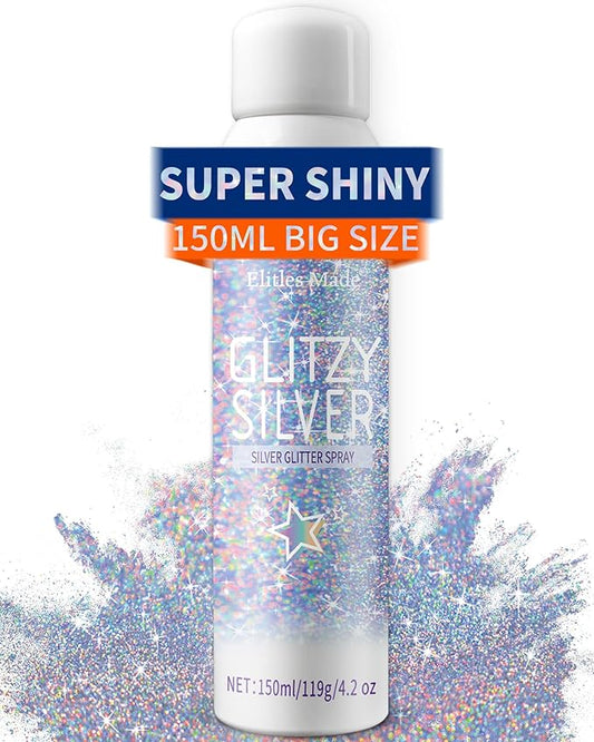 Body Glitte Spray, 150ML Silver Glitter Spray for Hair and Body, Long-Lasting and Quick-Drying Holographic Glitter Hairspray for Kids Women, Body Shimmer Festival Rave and Makeup 4.2 Fl Oz