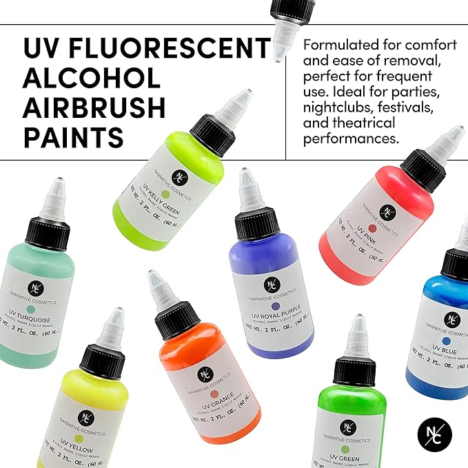 UV Fluorescent Alcohol Airbrush Paints - 2 fl oz, Glow Effect, Waterproof, Sweatproof, Highly Pigmented Liquid Makeup for Bodypainting, Film, TV, Festivals - UV Hot Pink
