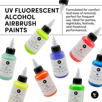 UV Fluorescent Alcohol Airbrush Paints - 2 fl oz, Glow Effect, Waterproof, Sweatproof, Highly Pigmented Liquid Makeup for Bodypainting, Film, TV, Festivals - UV Hot Pink