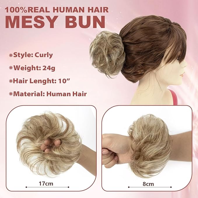 1 PCS Messy Bun Hair Piece Real Human Hair Thick Updo Wavy Curly Chignon Ponytail Hair Extensions Hair Bun Hairpieces for Women Girls (#P12-613)