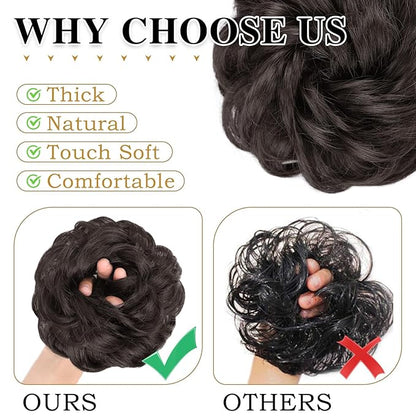 MORICA 1PCS Messy Hair Bun Hair Scrunchies Extension Curly Wavy Messy Bun Hair Synthetic Chignon Hairpieces for Women(4#(Darkest Brown Tend to Black))