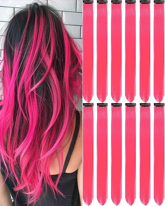 12 PCS Hot Pink Hair Extensions Clip in 22 inch, Colored Party Synthetic Neon Highlights Extensions, Rainbow Hair Accessories for Girls Women