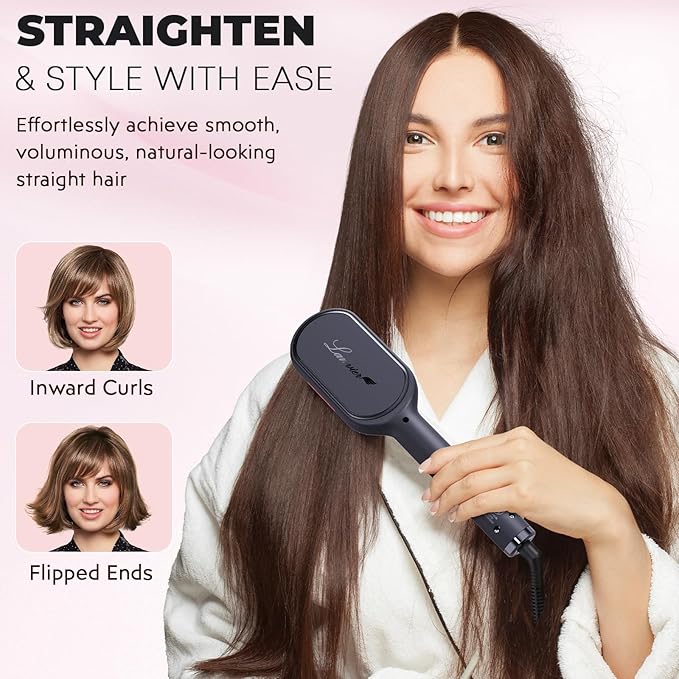 LANVIER Hair Straightener Brush, Ionic Straightening Brush with Infrared, Wide Plate Heated Smoothing Comb with Negative Ions, 32 Temps, Dual Voltage, Flat Iron Comb Styler for All Hair Type