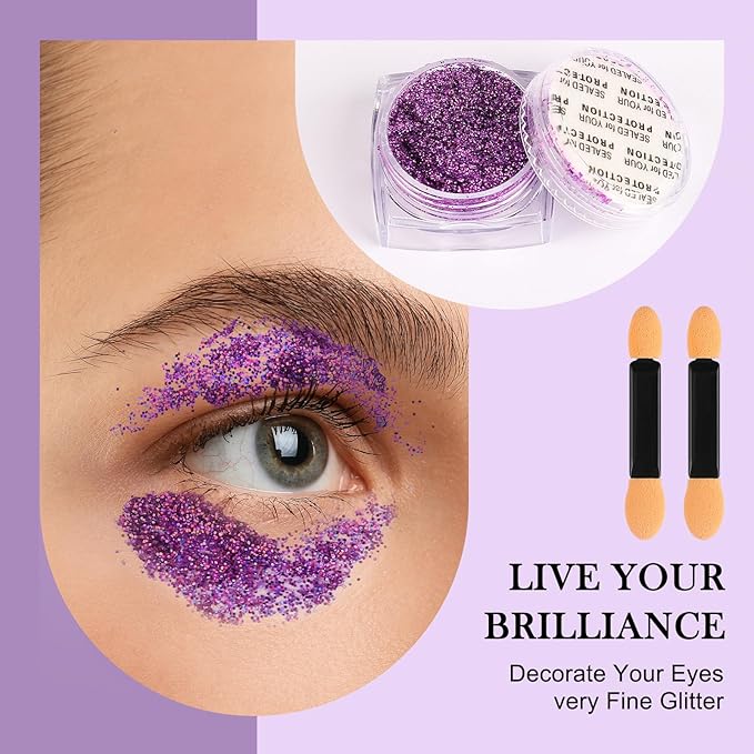 Glitter Body Face Hair Makeup Festival Gel, 6 Shapes Clear Purple Rave Glitter Face Pain Glitter Eyeshadow for Kids Women Girls Singer Concerts Festival Rave Accessories
