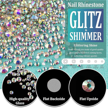 3440pcs 6 Sizes Transparent White and AB Glass Crystal Kit with Pickup Pen + Tweezer Tools for Iridescent Shine Nail Art Manicure Makeup DIY Deco Flatback Round Bead Rhinestone Gem Jewelry Diamond