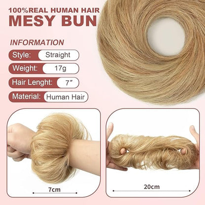 1PCS Messy Bun Hair Piece Human Hair Natural Curly 100% Real Human Hair Chignons Scrunchies Hair Fluffy Hair Buns for Women Bun Donut Updo Hair Pieces Bun Extension (#P12-613)