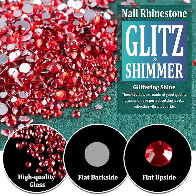 3440PCS 6 Sizes Red Glass Crystal Kit with Pickup Pen + Tweezer Tools for Iridescent Shine Nail Art Manicure Makeup DIY Deco Flatback Round Bead Rhinestone Gem Jewelry Diamond