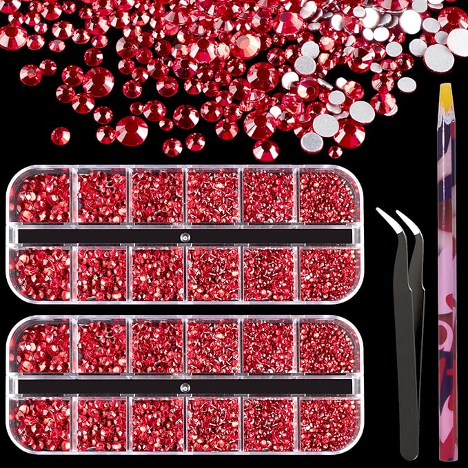 3440PCS 6 Sizes Red Glass Crystal Kit with Pickup Pen + Tweezer Tools for Iridescent Shine Nail Art Manicure Makeup DIY Deco Flatback Round Bead Rhinestone Gem Jewelry Diamond