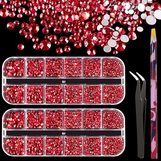 3440PCS 6 Sizes Red Glass Crystal Kit with Pickup Pen + Tweezer Tools for Iridescent Shine Nail Art Manicure Makeup DIY Deco Flatback Round Bead Rhinestone Gem Jewelry Diamond