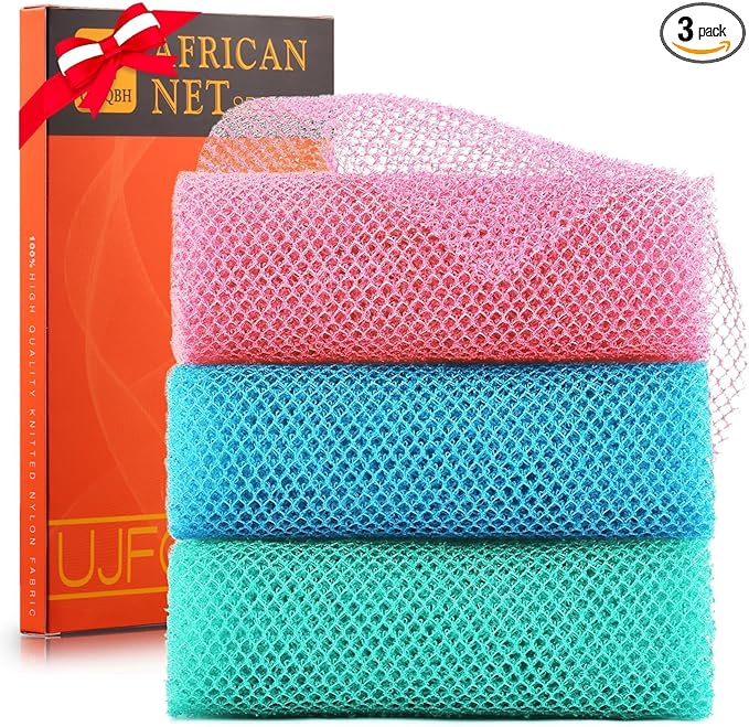 3 Pieces Long African Bath Sponge Exfoliating Body Scrubber Back Scrubber Skin Smoother,Great for Daily Use (Pink, Blue, Green)