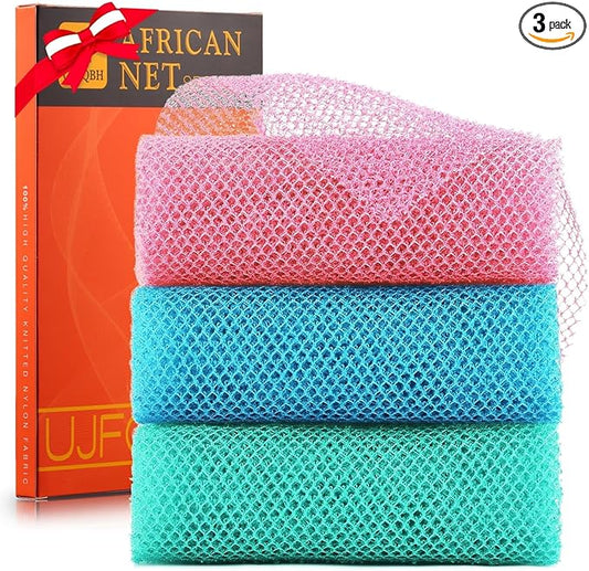 3 Pieces Long African Bath Sponge Exfoliating Body Scrubber Back Scrubber Skin Smoother,Great for Daily Use (Pink, Blue, Green)