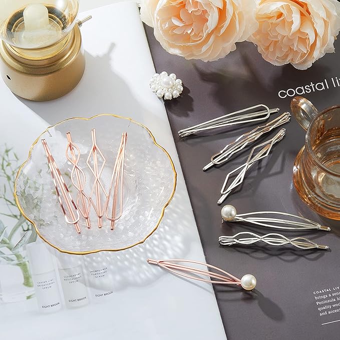 10 Pieces Geometric Metal Hair Clips and Barrettes for Women - Minimalist Hair Styling Accessories, Dainty Wedding Headwear (Silver, Rose Gold)