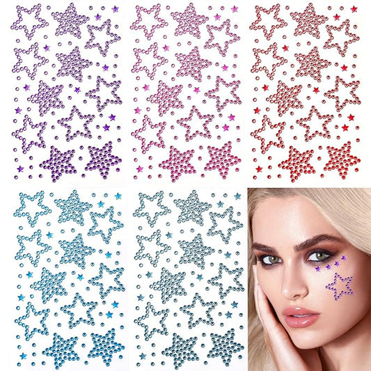 10 Sheets Face Gems Face Jewels, Self-Adhesive Hair Gems, 5 Different Types of Face Rhinestones Stickers for Face, Hair, Makeup, Body, Crafts, Festival Decal Decor