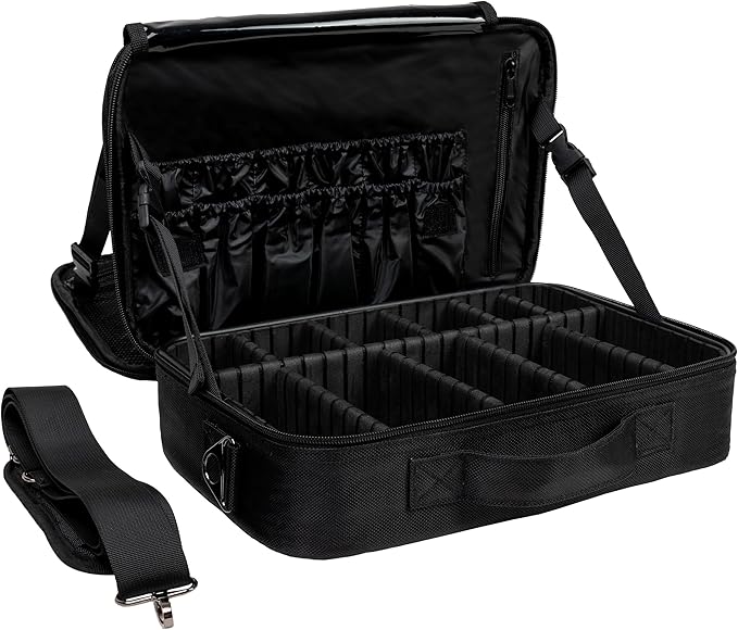 (Not Made In China) 2 Pack, Makeup Train Case, Cosmetic Travel Organizer For Professional Beauty Artist, Portable Storage Bag W/Adjustable Dividers For Jewelry and Brushes (Black, Large)