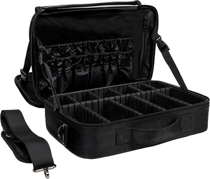(Not Made In China) 2 Pack, Makeup Train Case, Cosmetic Travel Organizer For Professional Beauty Artist, Portable Storage Bag W/Adjustable Dividers For Jewelry and Brushes (Black, Large)
