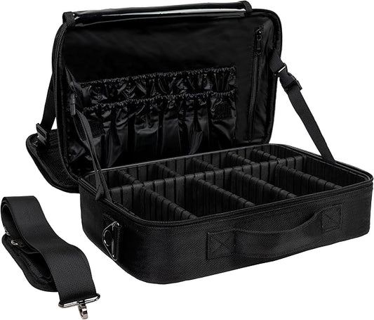 (Not Made In China) 2 Pack, Makeup Train Case, Cosmetic Travel Organizer For Professional Beauty Artist, Portable Storage Bag W/Adjustable Dividers For Jewelry and Brushes (Black, Large)