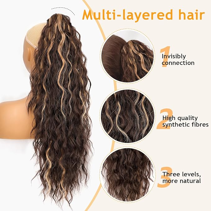 ORSUNCER Ponytail Extension Claw 26" Curly Pony Tail Clip in Claw Hair Extensions Fluffy Natural Looking Synthetic Hairpiece for Women Chocolate Brown Highlight