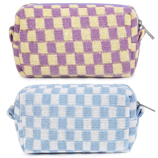 2 Pieces Makeup Bag Checkered Cosmetic Bag Purple Blue Makeup Pouch Travel Toiletry Bag Organizer Cute Makeup Brushes Storage Bag for Women