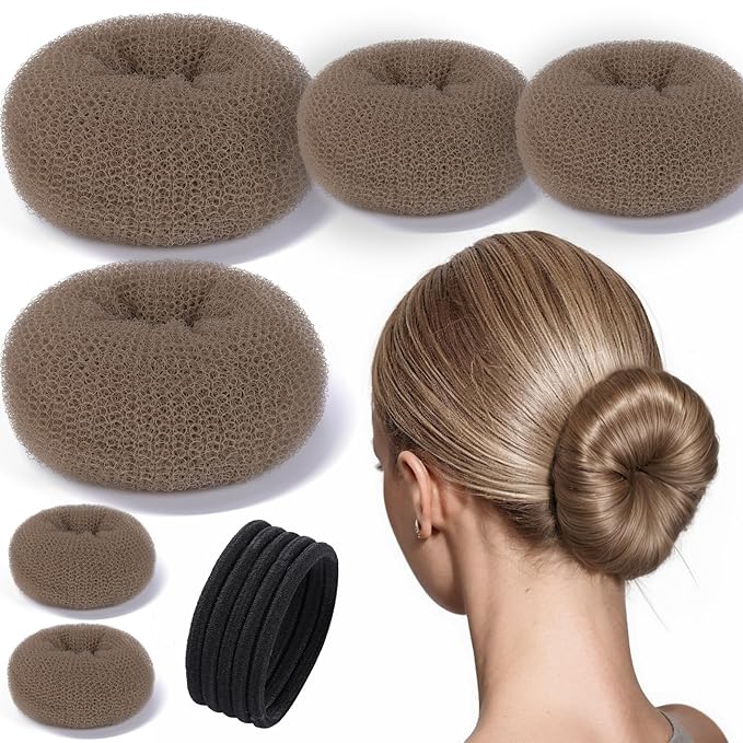 Teenitor Donut Hair Bun Maker Set, Hair Bun Shaper Set with Large, Medium, Small Hair Donuts For Buns, Hair Accessories For Girls, 5 Elastic Bands, Tan Brown