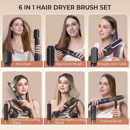 6 in ONE Blow Dryer Brush,Air Curling Iron Round Brush for Blow Out 1000W,Ionic Hair Dryer Brush for Women, Blowout Brush Air Styler Curler