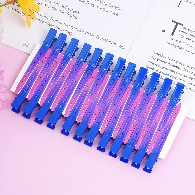 24 Packs Duck Bill Clips, Bantoye 3.35 Inches Rustproof Metal Alligator Curl Clips with Holes for Hair Styling, Hair Coloring, Gradient Deep Blue