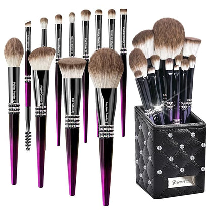 Bueart Design 16PCS Ultra Soft Labeled Makeup Brushes Set with HOLDER case Cosmetic make up brush set (16Pcs Black Rose Red+Holder)