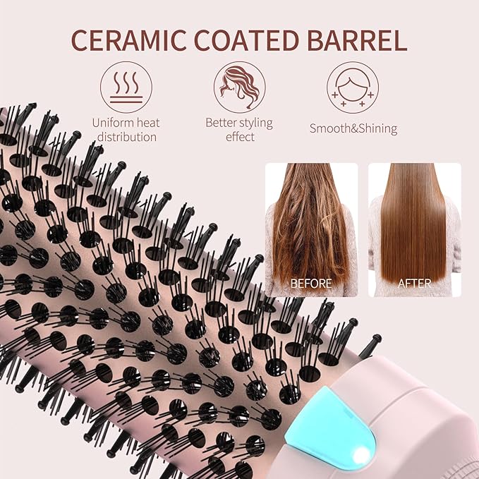 K&K 1 1/2 Inch Ceramic Tourmaline Ionic Heated Round Brush Curling Brush Creates Blowout Look -Creates Root Volume & Loose Curls Volume Curls Dual Voltage Hair Styling Tool (Pale Pink, 1.5 Inch)