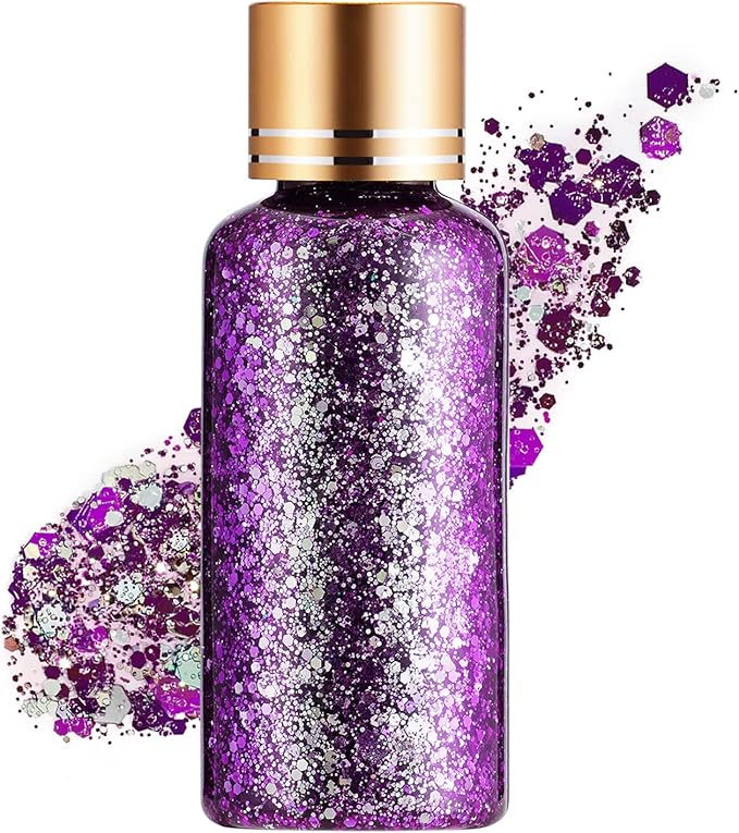 Holographic Body Glitter Gel for Face, Body, Nail, Super Long Lasting Waterproof Quick Dry Liquid Chunky Glitter Eyeshadow for Rave Festival Party Makeup Accessories, 1oz (Lavender Purple)
