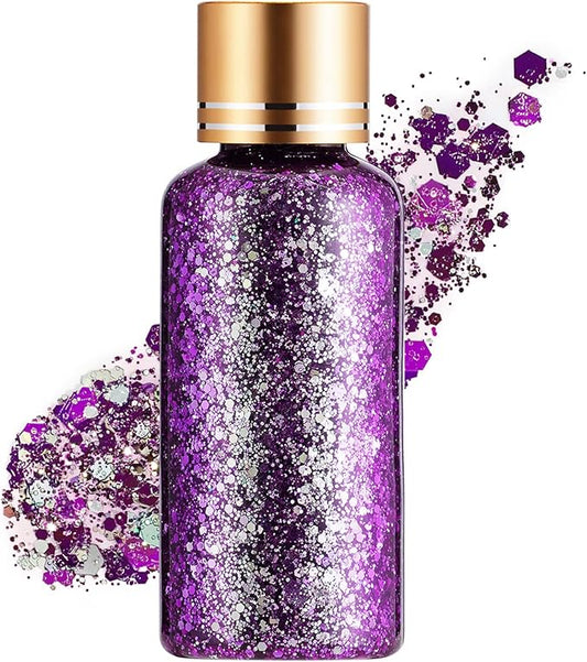Holographic Body Glitter Gel for Face, Body, Nail, Super Long Lasting Waterproof Quick Dry Liquid Chunky Glitter Eyeshadow for Rave Festival Party Makeup Accessories, 1oz (Lavender Purple)