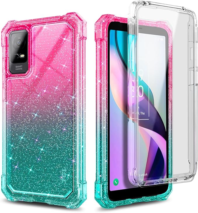 NZND Designed for TCL ION X Case, TCL ION V with [Built-in Screen Protector], Full-Body Protective Shockproof Rugged Bumper Cover, Impact Resist Case (Glitter Pink/Aqua)
