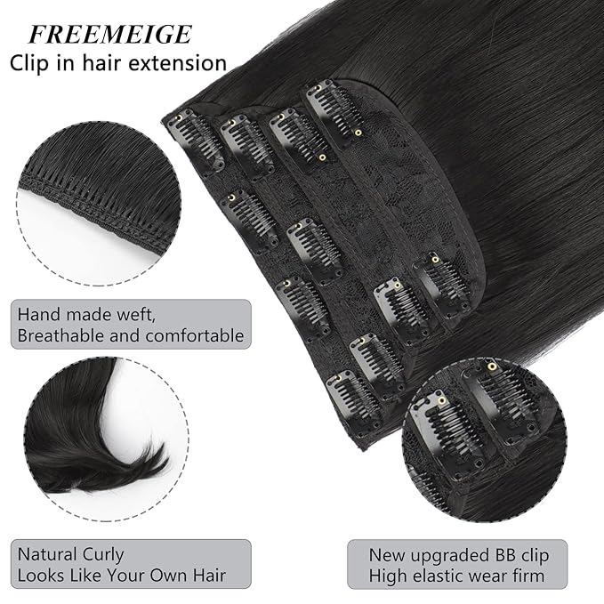 20 Inch Black Hair Extensions Straight Layered Clip in Hair Extensions for Women Synthetic Heat Resistant
