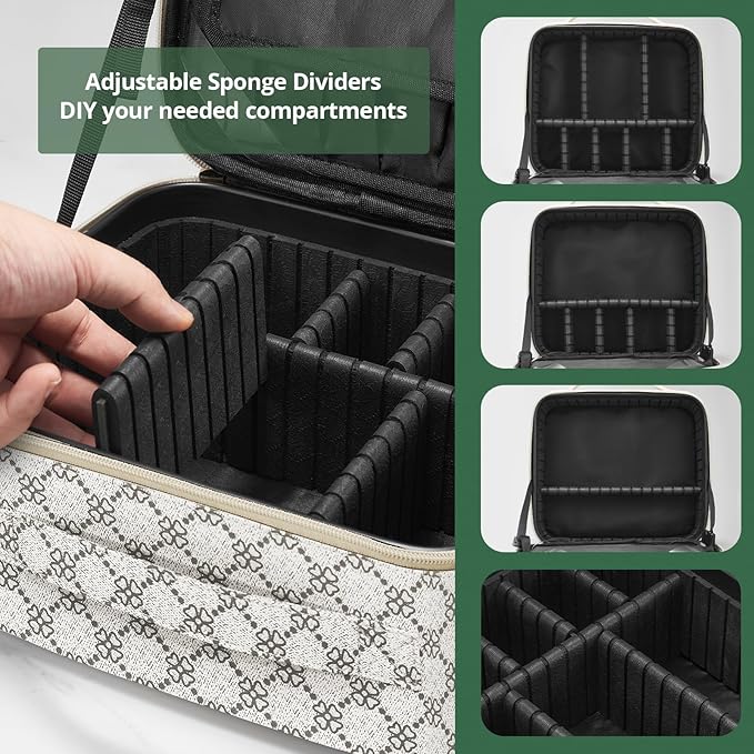Omobolanle Makeup Bag with Mirror Led Light Detachable Portable Makeup Organizer Travel Train Case with Adjustable Dividers and 10x Magnifying Mirror Cosmetic Toiletry Bag White/Grey