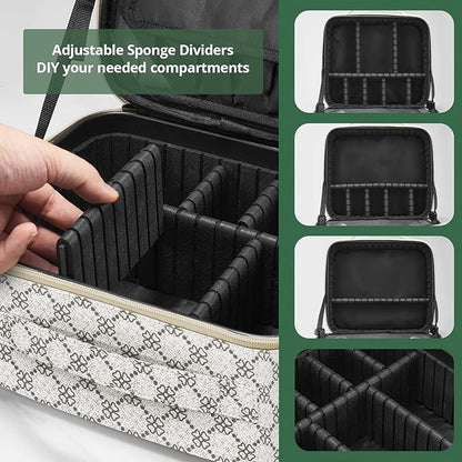 Omobolanle Makeup Bag with Mirror Led Light Detachable Portable Makeup Organizer Travel Train Case with Adjustable Dividers and 10x Magnifying Mirror Cosmetic Toiletry Bag White/Grey