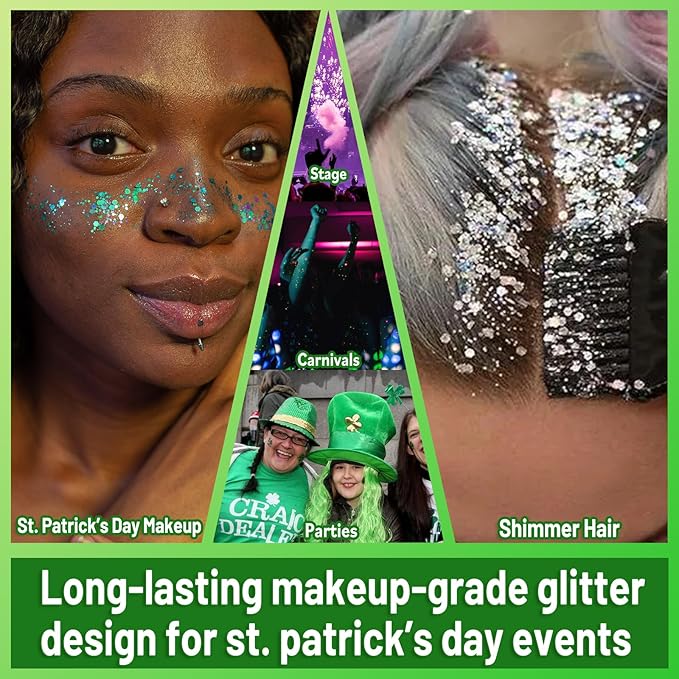 Allstarry Green Body Glitter, 4 Colors Cosmetic Green Face Glitter, Shamrock Face Eyeshadow Makeup Hair and Eye Glitter St Patricks Day Accessories Green Makeup Shamrock Decorations