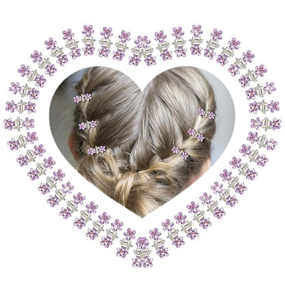 65PCS Mini Purple Flower Hair Clips with Rhinestone Mini Glitter Teeth Rhinestone Flower Hair Accessories No-Slip Grip Metal Jaw Clamps for Girls Women (Silver-Purple Crystal)